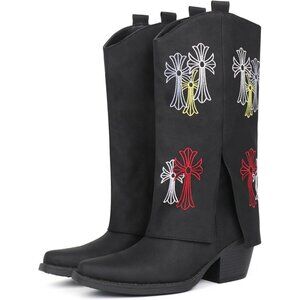 Women's Synthetic Black Western Cowgirl Chunky Heel Mid Calf Embroidered Boots